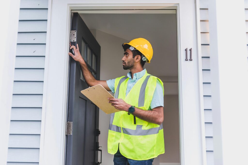 pexels photo 8293673 8293673 A home inspector in safety vest and hard hat checks doorframe alignment with clipboard outdoors.